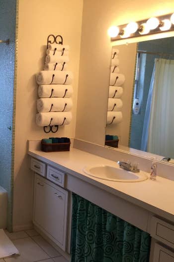 Reviewer towel rack in use on bathroom wall