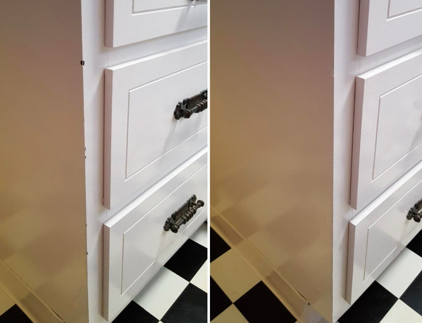 before/after showing reviewer&#x27;s cabinet with nicks and then without after applying paint