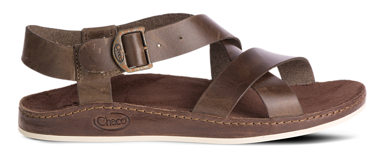 A brown leather sandal with thick straps, a detailed metal buckle, and a slightly rounded sole