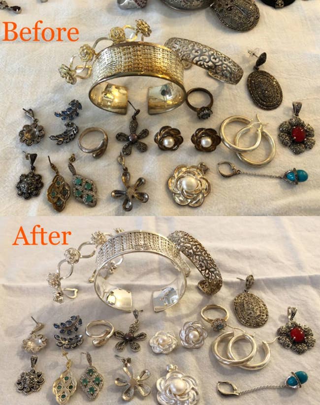 before and after of a reviewer's jewelry collection cleaned