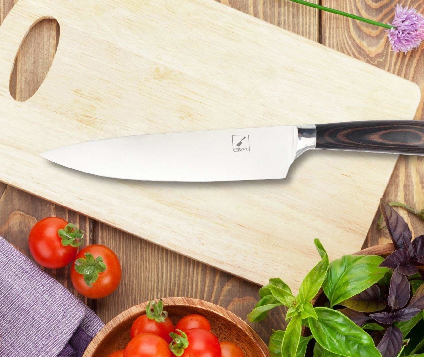knife with wood grain handle on cutting board