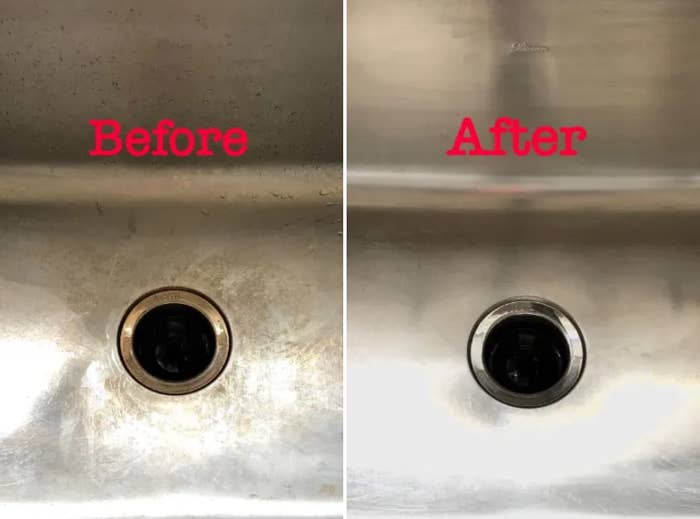 A side by side of a rusty sink next to the same sink now clean and shiny after using the product