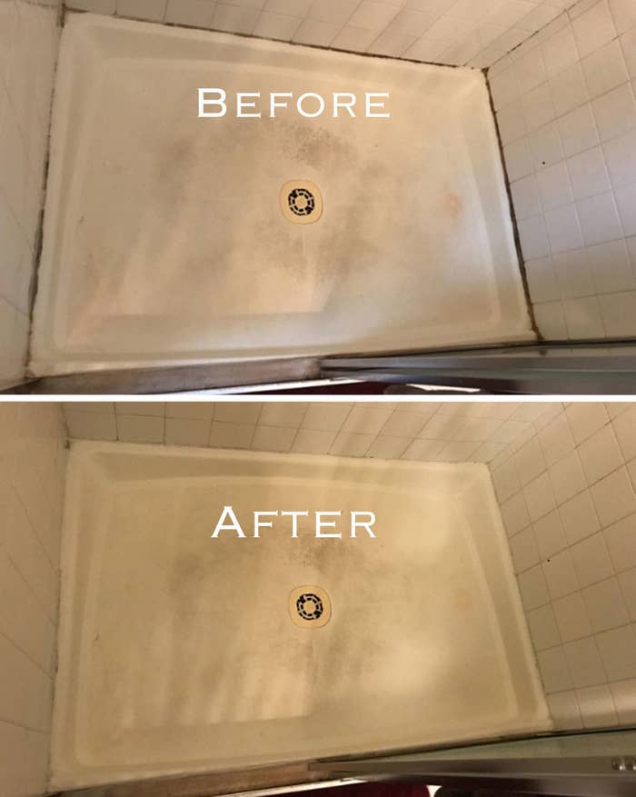 A before and after of a shower bed with water mildew in the before and none in the after