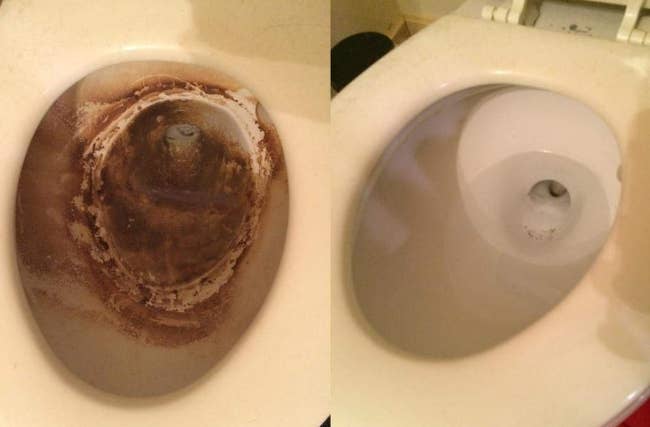 A photo of a dirty toilet bowl next to the same toilet bowl now clean 