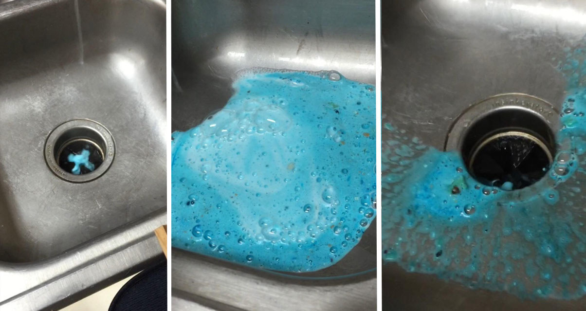 A before, middle, and after of a sink being cleaned by the garbage disposal tablet 