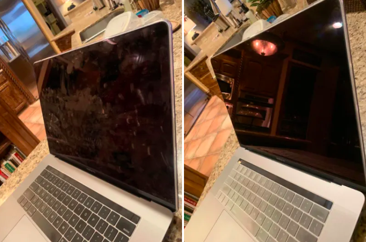 a before and after of a computer that is covered in finger prints and then clean as the first day they bought it