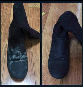 a before and after reviewer photo of a boot with salt damage and then wiped clean
