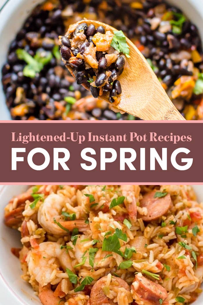 Rice dish with shrimp and sausage with text &quot;Lightened-up Instant Pot Recipes for Spring&quot;