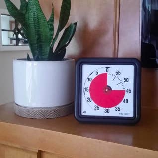 The timer propped up next to a medium size plant pot, which is the same height