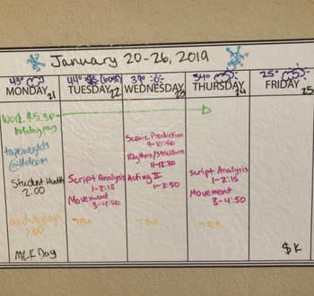 A reviewer's calendar filled in with colorful dry-erase marker