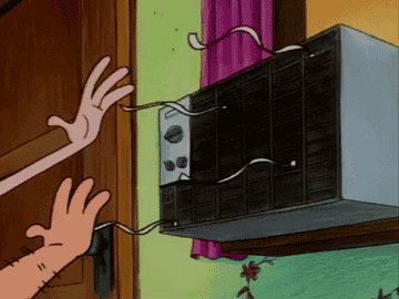 Hands from Hey Arnold characters reaching up at a window AC, with ribbons tied to it so you see it&#x27;s blowing