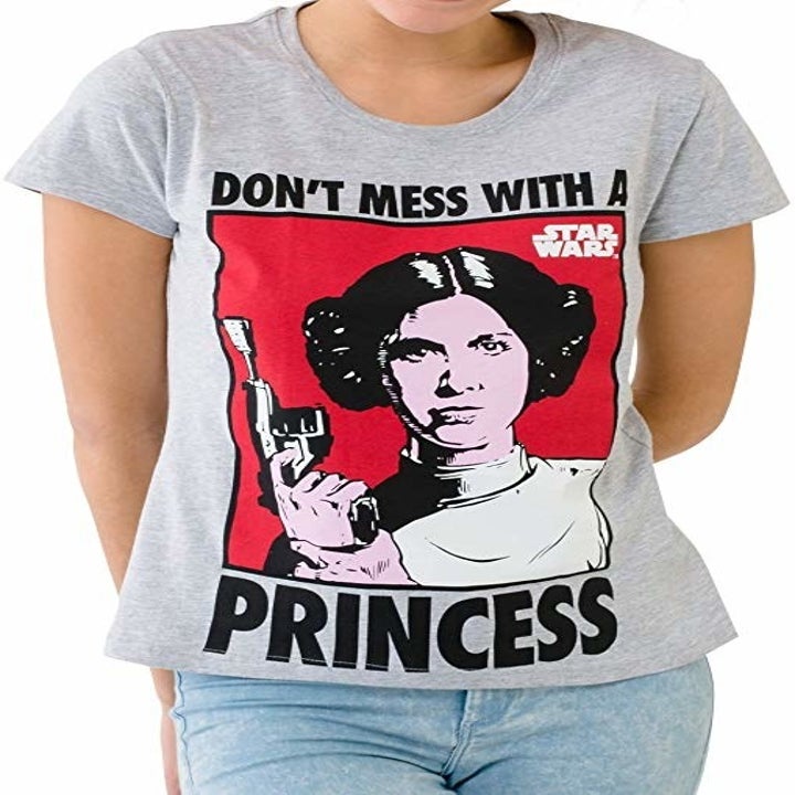 a gray tee with princess leia on it and the words "don't mess with a princess"