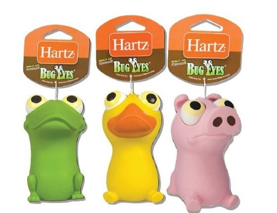 Three Hartz Bug Eyes squeeze toys for pets in frog, duck, and pig designs