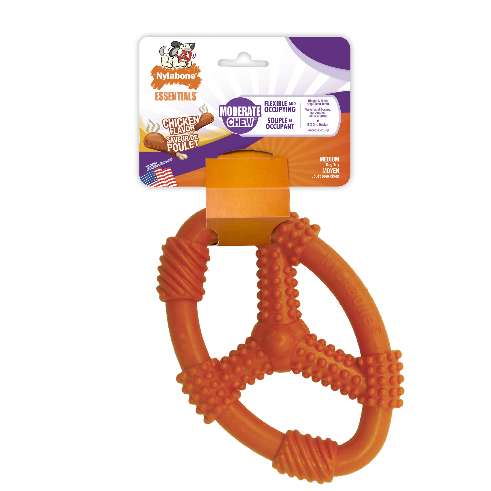 Nylabone chicken-flavored chew toy packaging with a durable rubber ring toy displayed for dogs