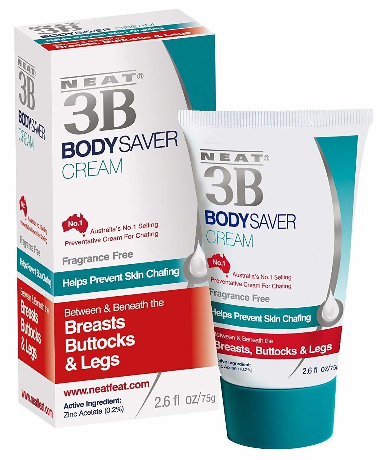 The tube of Body Saver Cream, which says it works for &quot;Breasts, Buttocks, and Legs&quot; and is  &quot;Australia&#x27;s No. 1 Selling Preventative Cream for Chafing&quot;