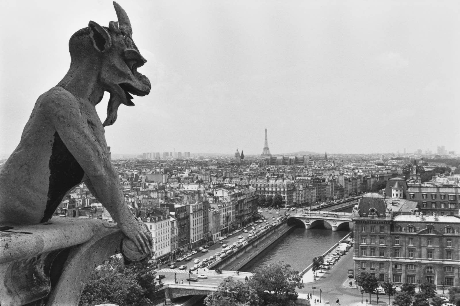 A gargoyle on top of the Notre Dame Cathedral in July 1980.