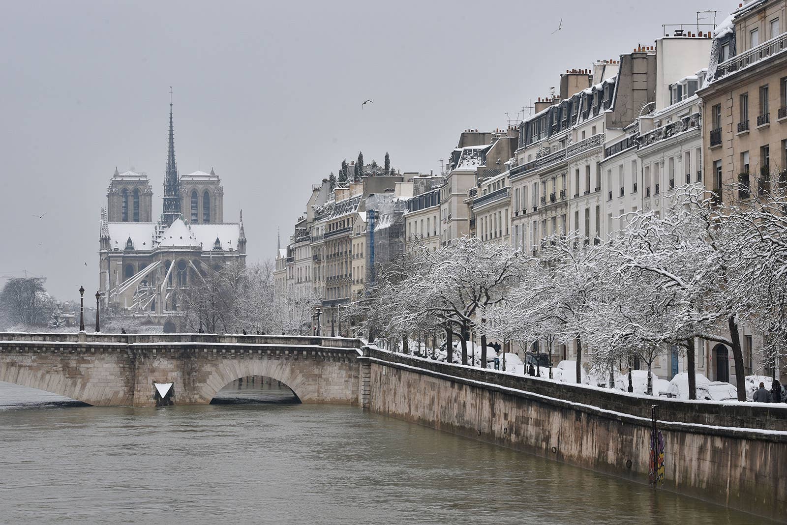 Snow blankets the bank of the River Seine and Notre-Dame Cathedral.