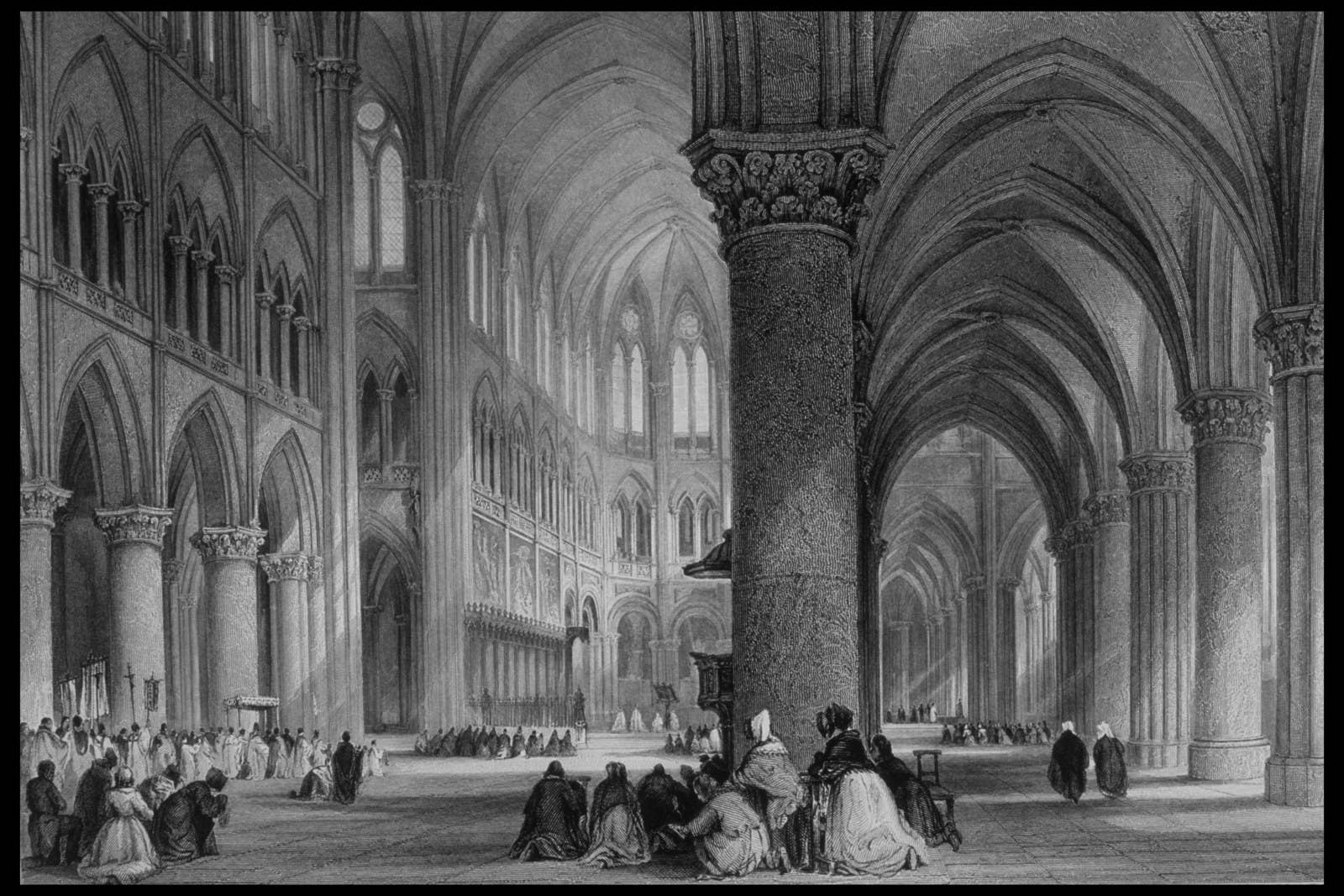 Interior of the Cathedral of Notre-Dame as drawn by Thomas Allom from France Illustrated, 1845.