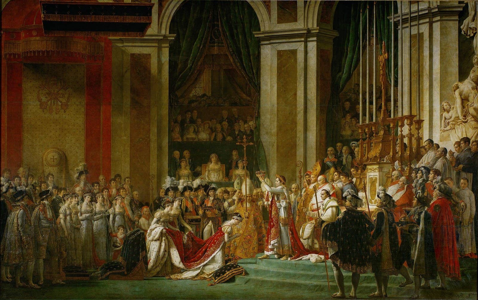 Joséphine kneels before Napoléon I during his coronation at Notre Dame.
