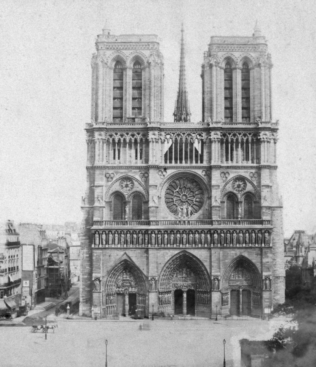 Notre-Dame Cathedral, France, late 19th or early 20th century. The Gothic Cathedral of Notre Dame de Paris was begun in the 12th century. The western facade was built between c1200 and 1225.