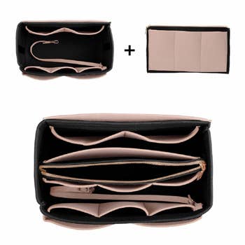 The tan organizer with and without the center pouch inside