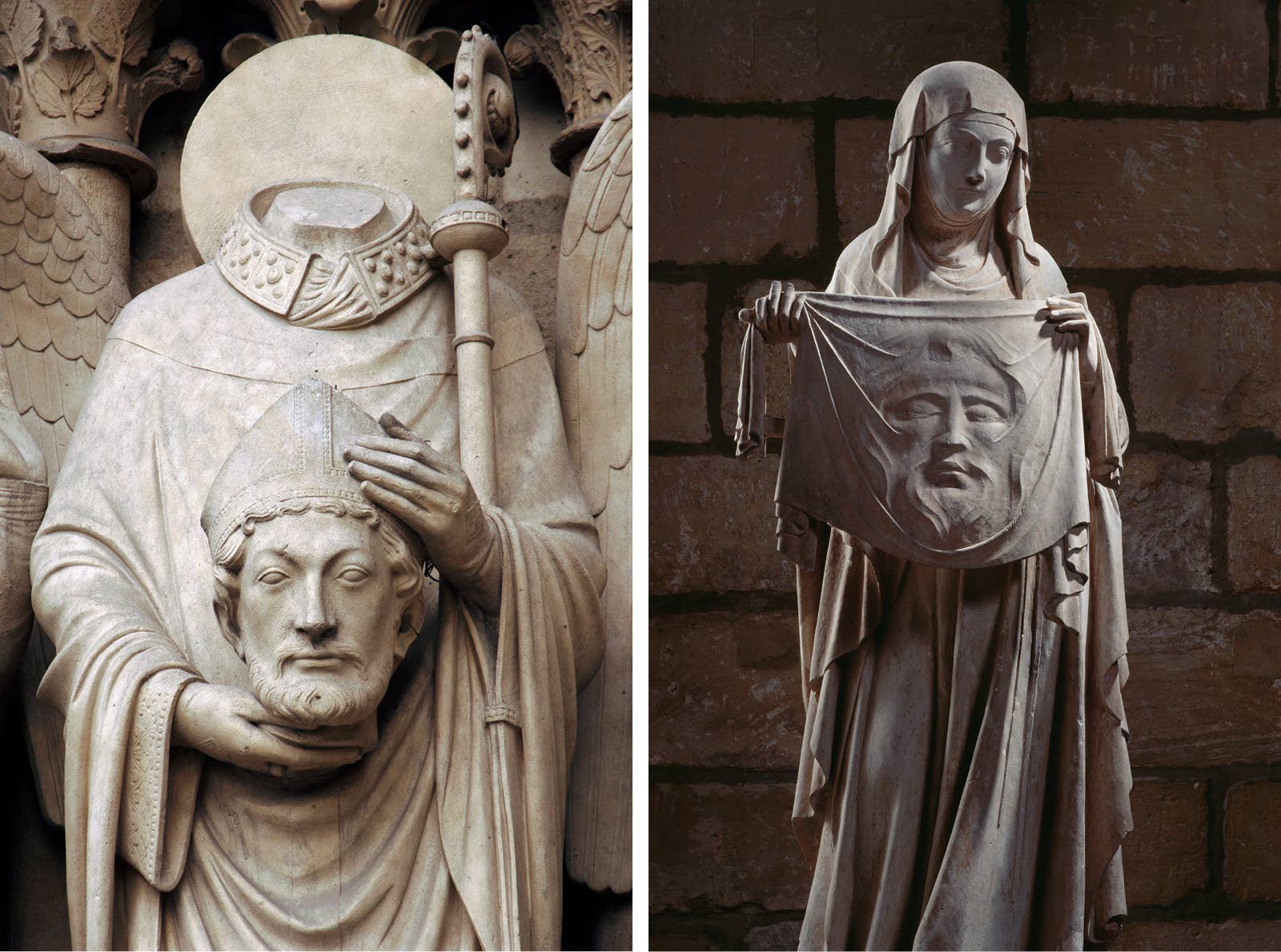 The exterior of the cathedral is adorned with sculptures illustrating biblical stories, known as the "poor people's book," as, historically, the majority of parishioners could not read. Left: Christian martyr Saint Denis holding his head; Right: Statue of Saint Veronique holding the shroud of Christ