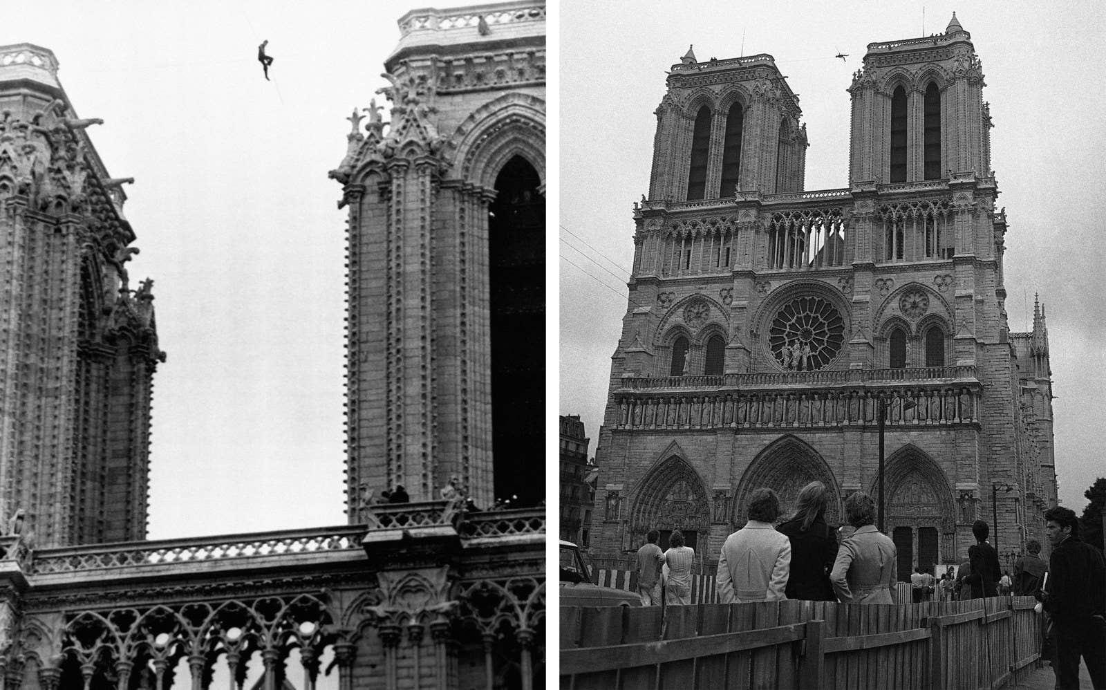 Philippe Petit, a 21-year-old professional tightrope walker, perches 225 feet above the ground, between the two towers of Notre Dame cathedral, Paris, on June 26, 1971, during a stunt which lasted several hours, with police unable to bring him down.