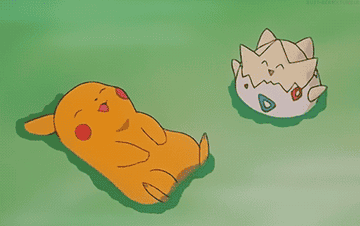Gif of Pikachu and Togepi from the Pokemon cartoon, relaxing in a pond or pool