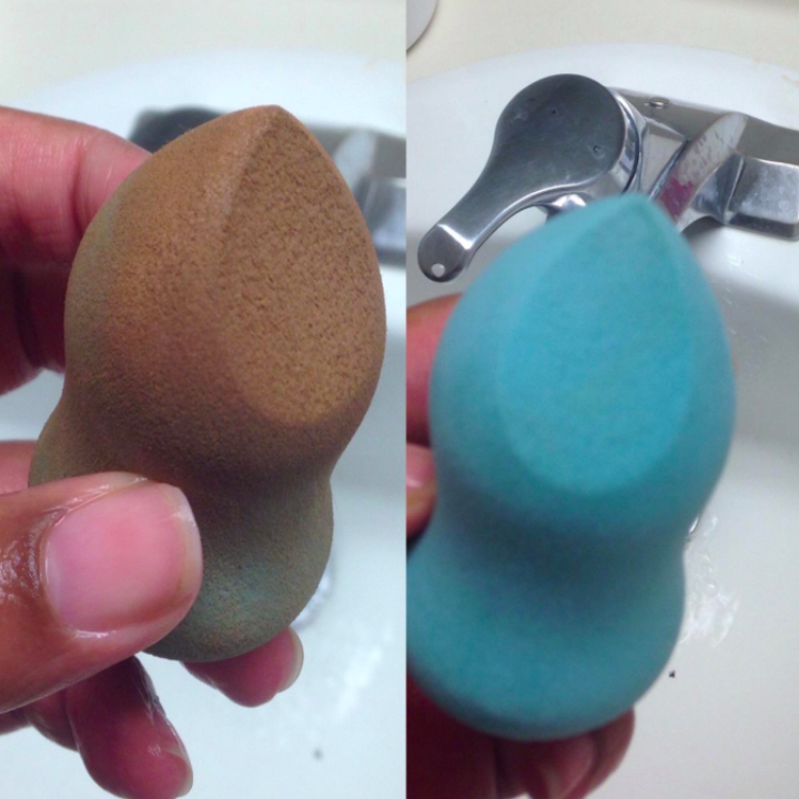 A before and after customer review photo of their makeup sponge
