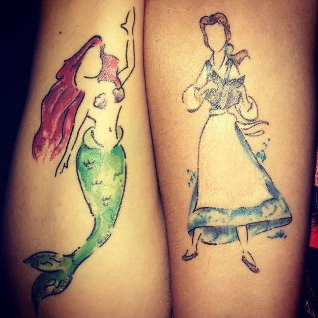 My best friend and I got these tattoos together. Ariel is my favorite, and Belle is her favorite.—melissas44