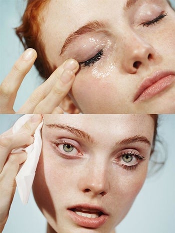 Two photos of a model using the cleanser to remove makeup from their eyes