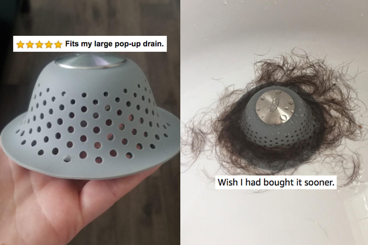 Reviewer photo showing hair collected with over-the-drain stopper