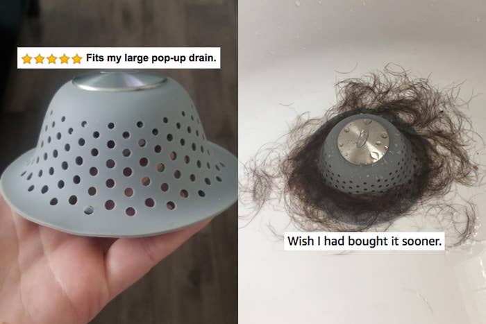 reviewer photo of the gray pop-up drain protector