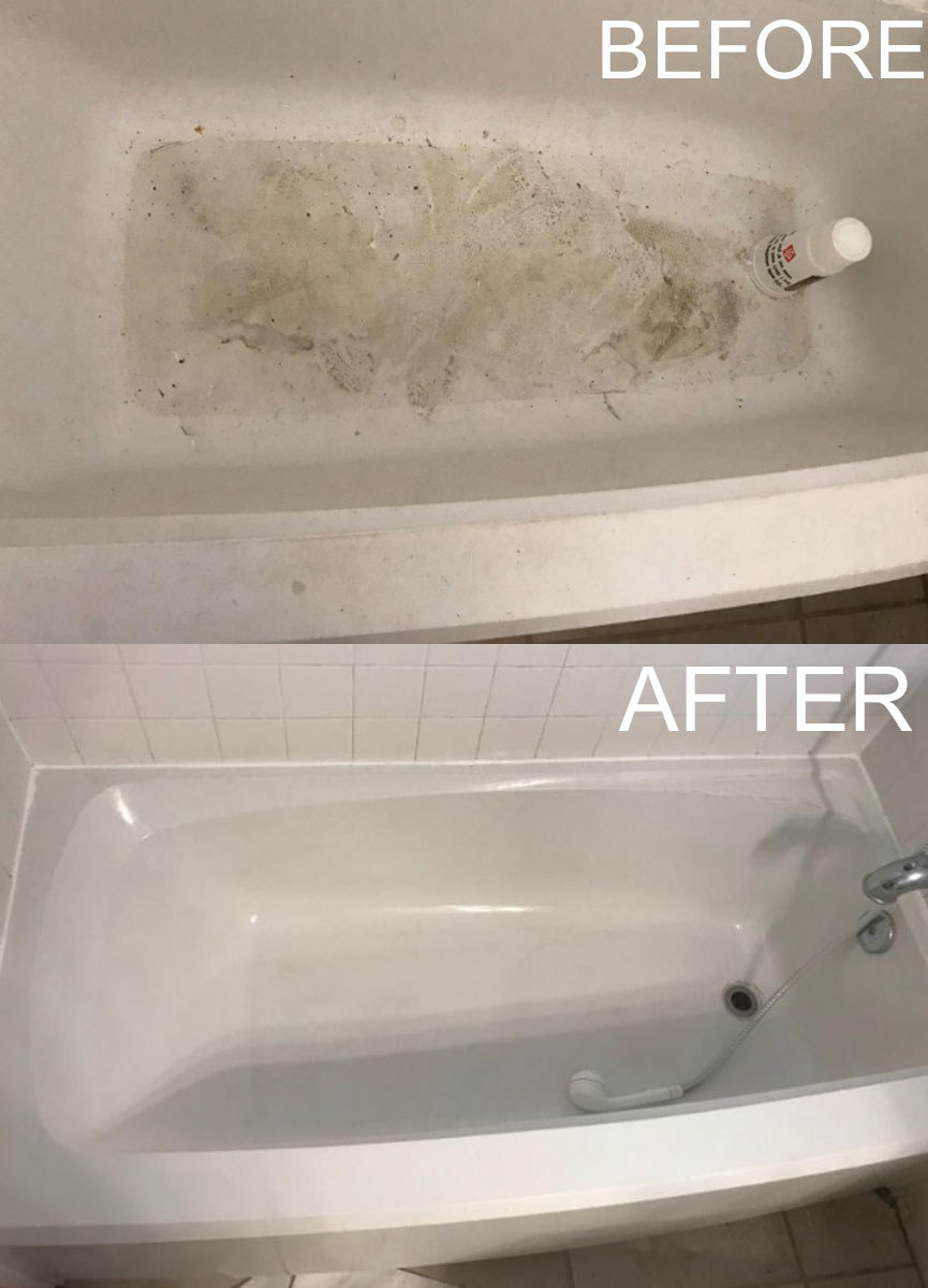 before and after of a dirty bathtub compared to it looking white and clean again 