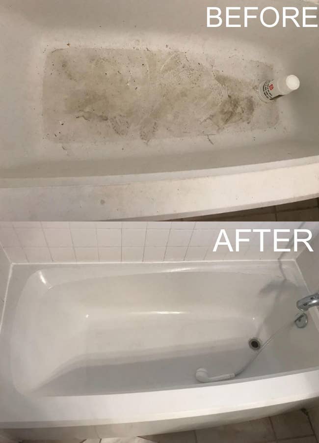 before and after of a reviewer's dirty bathtub compared to it looking white and clean again 