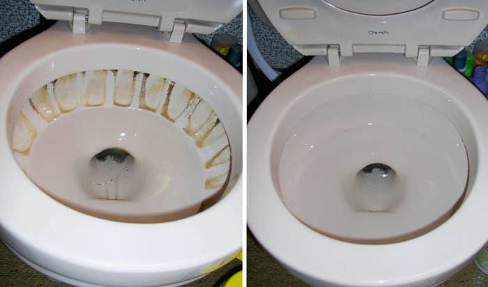 Reviewer photo showing before-and-after results of using pumice cleaning stone on toilet bowl