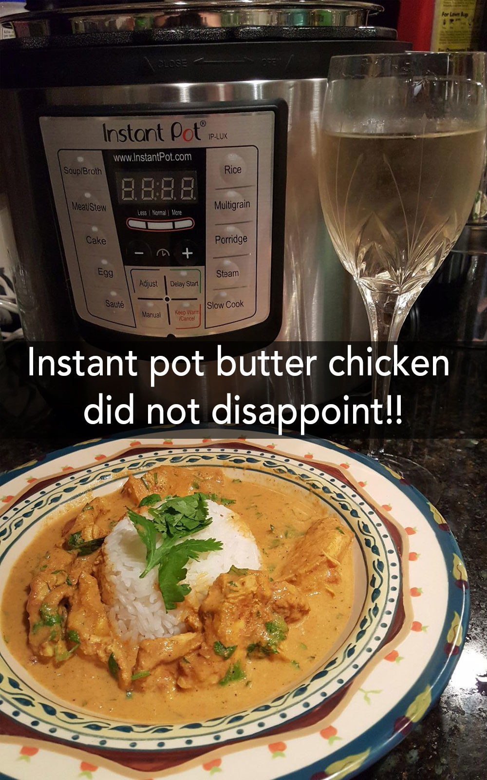 A reviewer&#x27;s Instant pot and butter chicken with text that says it didn&#x27;t disappoint