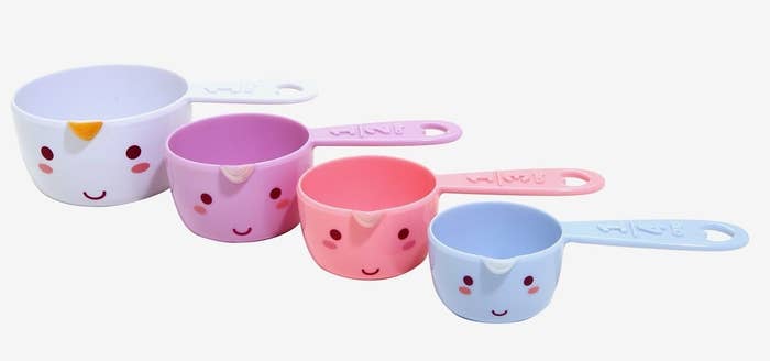 Each set comes four measuring cups (1 cup, 1/2 cup, 1/3 cup and 1/4 cup).Get them from Hot Topic for $10.43 or Amazon for $14.99.