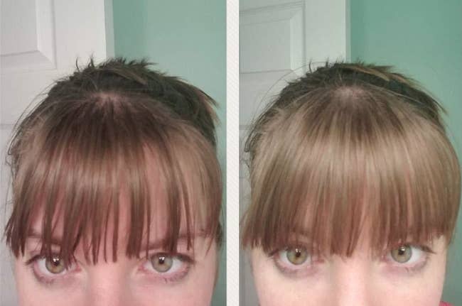 on the left a close-up of a reviewer's bangs looking greasy and the right side is the same bangs looking clean and fresh