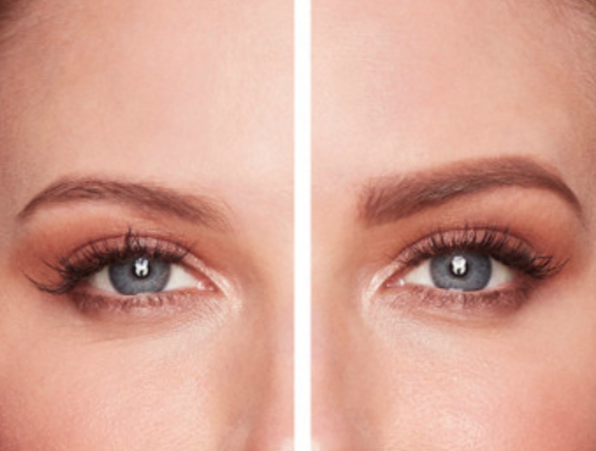 Before and after of model using the Benefit Cosmetics&#x27; Goof Proof brow pencil