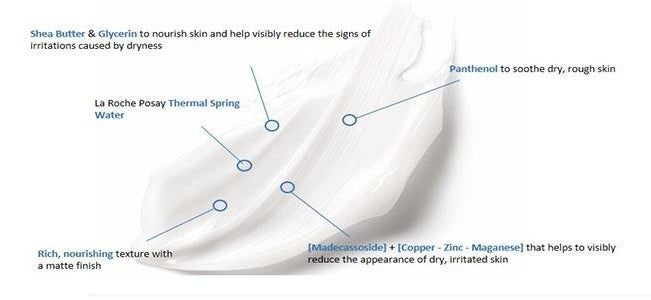 A smear of the cream with info about the ingredients that&#x27;s matte, reduced the appearance of dry skin