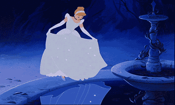 a gif of cinderella admiring her gown in the reflection of a fountain