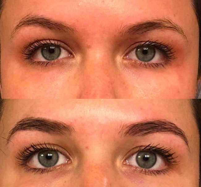 Reviewer's before and after photo after using the dye. The after results are noticeably darker eyebrows that look fuller.