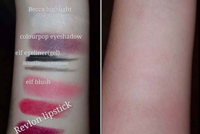 Reviewer's photos showing different makeup brands that come off with skin using the makeup remover towel