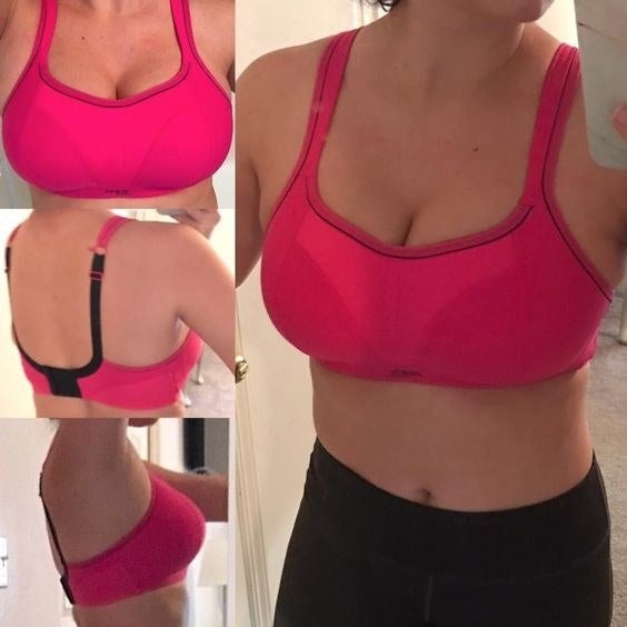 a reviewer wearing the pink bra