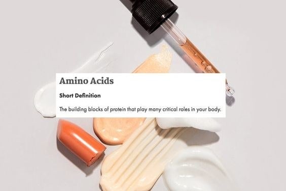 A skincare graphic with text: Amino Acids short definition — the building blocks of protein that play many critical roles in your body