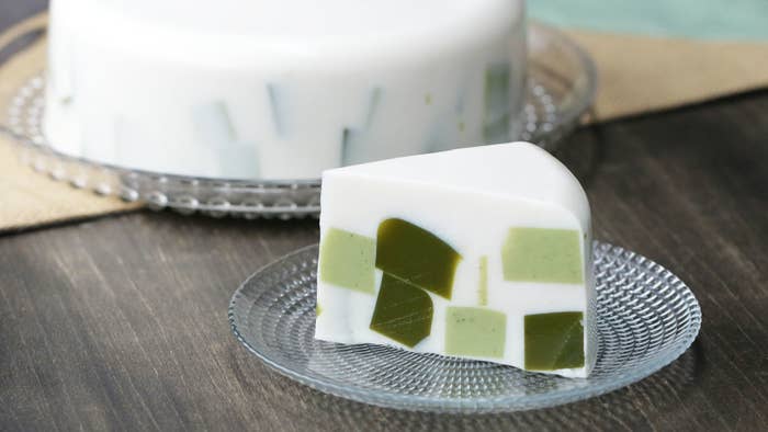 Servings: 6INGREDIENTSMatcha Jelly350 milliliters water1 tablespoon matcha powder15 grams sugar6 grams agar powderMatcha Milk Jelly170 milliliters water170 milliliters milk1 teaspoon matcha powder15 grams sugar6 grams agar powderMilk Jelly280 milliliters water550 milliliters milk100 grams sugar8 grams agar powderPREPARATION1. Make the matcha jelly: in a medium pot over high heat, combine the water, matcha, sugar, and agar powder, and mix well. Bring to a boil, then reduce the heat to low and cook for 2 minutes.2. Pour the matcha mixture into a 6-inch square baking dish. Chill for 2 hours in a refrigerator.3. Make the matcha milk jelly: in a medium pot over high heat, combine the water, milk, matcha, sugar and agar powder, and mix well. Bring to a boil, then reduce the heat to low and cook for 2 minutes. 4. Pour the matcha milk mixture into an 6-inch square baking dish. Chill for 2 hours in a refrigerator. 5. Make the milk jelly: in a medium pot over medium heat, combine the water, milk, sugar and agar powder, and mix well. Bring to a boil, then reduce the heat to low and cook for 2 minutes. Remove the pot from the heat.6. Cut the matcha jelly and matcha milk jelly into a cubes and place it in a 7-inch round baking dish.7. Pour the milk agar jelly over the jelly cubes. Chill for 4 hours, until firm.8. Slice and serve.9. Enjoy!