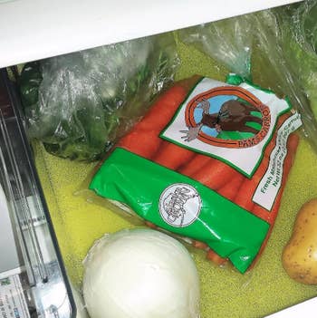 fridge drawer open with veggies inside