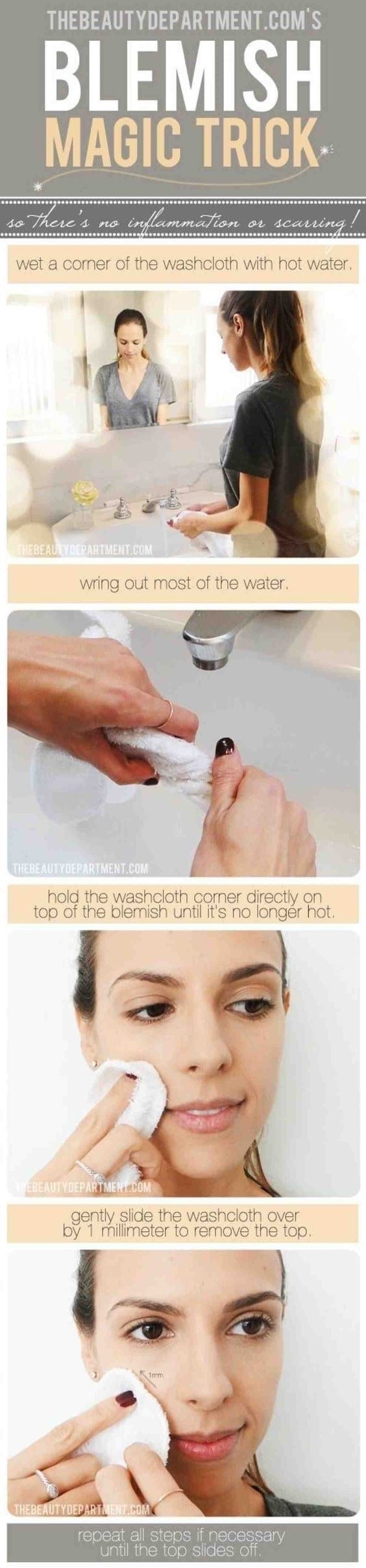 Graphic of woman using the washcloth as a blemish and anti-scarring trick