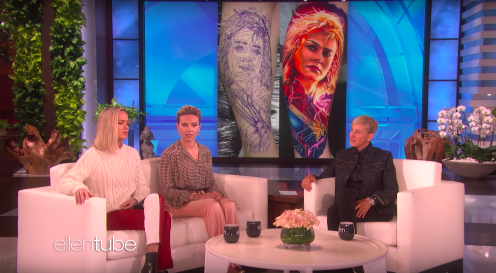 Ellen Surprised Brie Larson And Scarlett Johansson With Fan Tattoos Of ...
